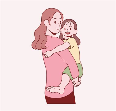 The Mother Is Hugging Her Young Daughter Hand Drawn Style Vector