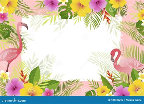 Summer Frame With Flamingo Palm Leaves And Tropical Flowers Vector