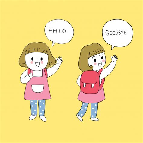 Cartoon Cute Student Girl Say Hello And Goodbye Vector