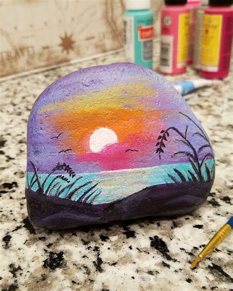 Beach Scene Painting Stone Art Painting Sunset Painting Pebble