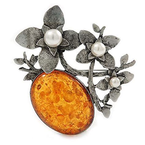 Avalaya Vintage Inspired Amber Style Stone With Pearl Flowers Pewter