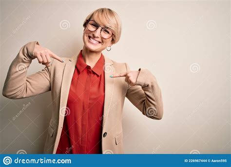 Young Blonde Business Woman With Short Hair Wearing Glasses And Elegant