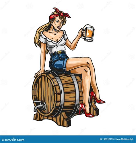 Beer Girl In Dirndl On Keg With Pretzel Pinup Vector Illustration 58866900