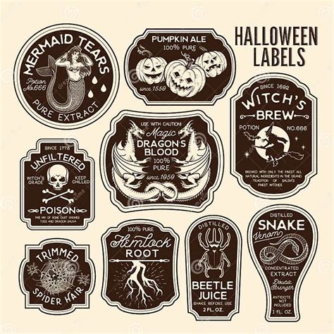 Halloween Bottle Labels Potion Labels Vector Illustration Stock