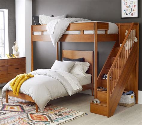The bed is made of inexpensive hardwood plywood with hardwood trim.i placed a photo on my. west elm x pbk Mid-Century Stair Loft & Lower Bed Set ...