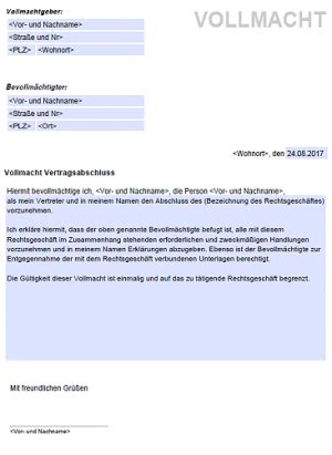 Vorlage kündigungsschreiben für die versicherung. Vollmacht Vertragsabschluss | kostenlose-vordrucke.de