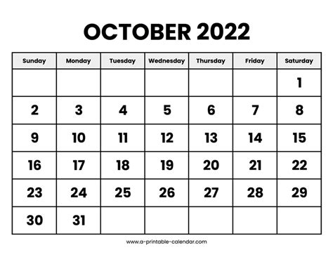 October 2022 Calendar Printable A Printable Calendar