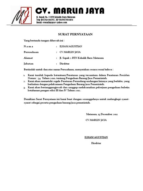 Berikut kumpulan contoh surat keterangan +file doc yang dapat kamu temukan seperti contoh surat keterangan kerja, penghasilan, domisili usaha dll. Surat Pernyataan Tidak Pailit Dan Tidak Masuk Daftar Hitam