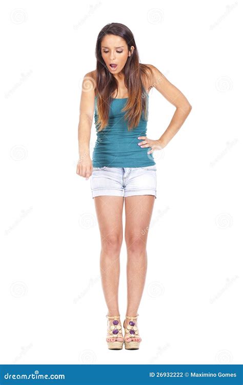 Woman Looking Shocked And Pointing Down Stock Photography Image