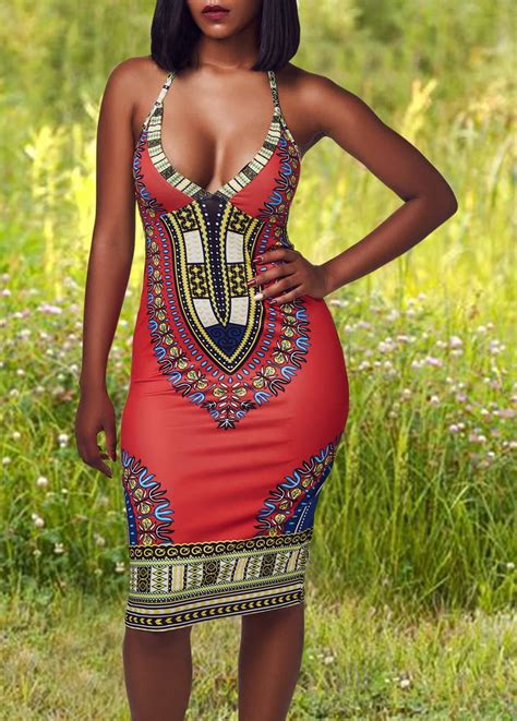 Red African Dashiki Halter V Neck Open Back Knee Length Dress African Fashion Dashiki Fashion