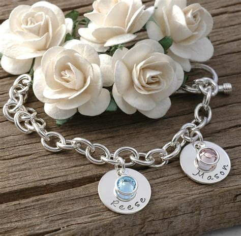 Two Disc Personalized Name Charm Bracelet With Birthstones Etsy