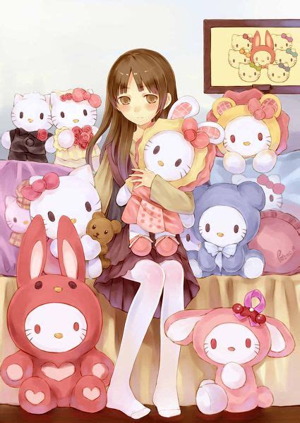 Hello Kitty By Sanrio ♥ ♚ Anime Art Anime Girl With Hello Kitty Plush Toys Kawaii