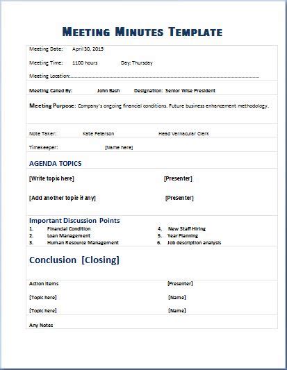 Formal Meeting Minute Templates For Ms Word Doc Word And Excel Templates