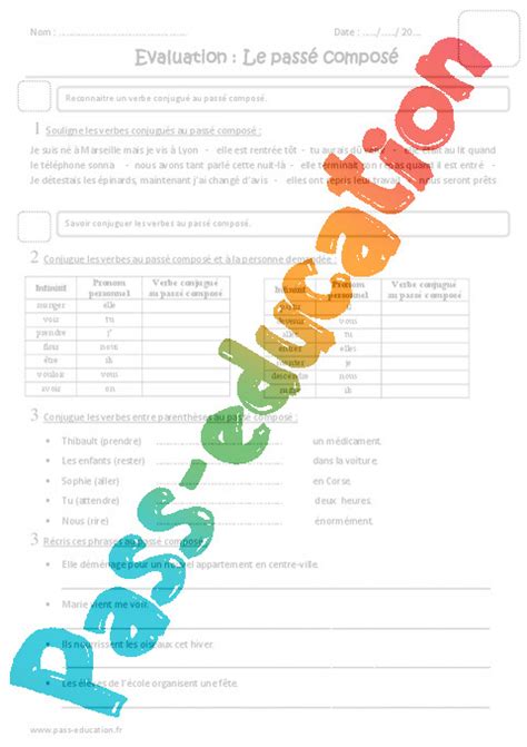 Le passé composé est un temps verbal qui sert à raconter des faits ponctuels et passés. Passé composé - Cm1 - Evaluation - Pass Education