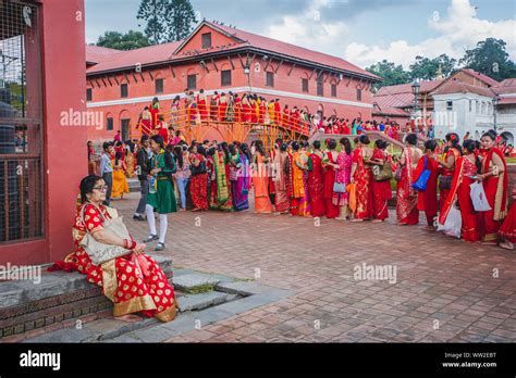 kathmandu nepal sep 2 2019 large group of nepali hindu women waiting in line to worship at