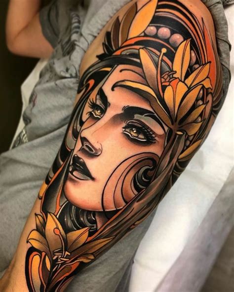 Female Face Surrounded By Flowers Arm Tattoo Traditional Tattoo Designs