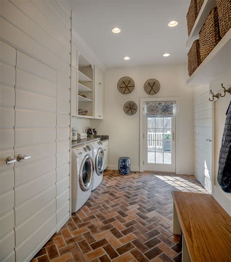 Laundry Room With Brick Herringbone Floors Herringbone