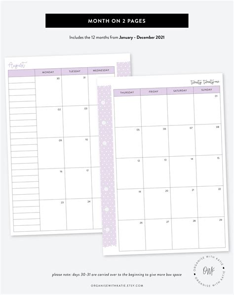 A5 2021 Monthly Planner Printable Month On 2 Pages Calendar Etsy