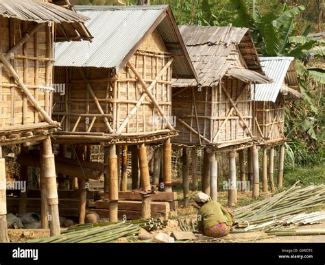 Stilt Houses Bamboo Huts Close To Mekong River Province Oudomxay