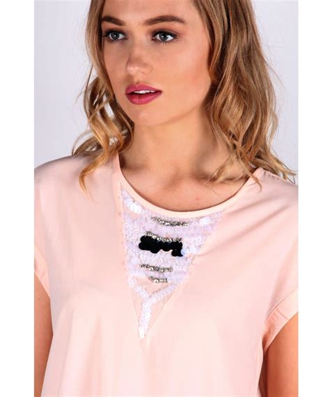 Peach Top With Embellished V Neck Front Alila