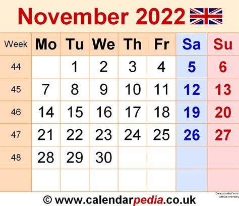 Calendar November 2022 Uk With Excel Word And Pdf Templates