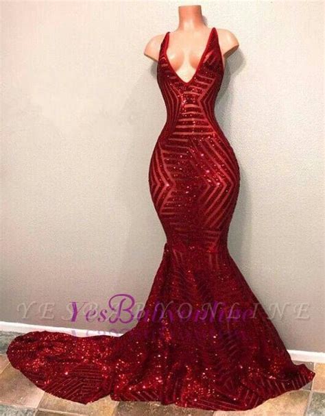 V Neck Mermaid Shiny Red Long Sequins Prom Dresses Yesbabyonline Com