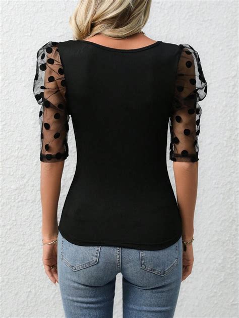 Shein Clasi Women S Spliced Polka Dot Mesh Puff Sleeve Top Shein Usa