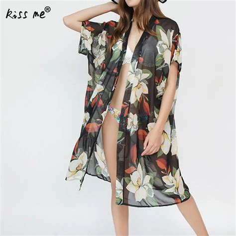 Mid Long Female Cardigan Pinted Beach Cover Up Womens Tunic Sexy Anti Emptied Beachwear Cover