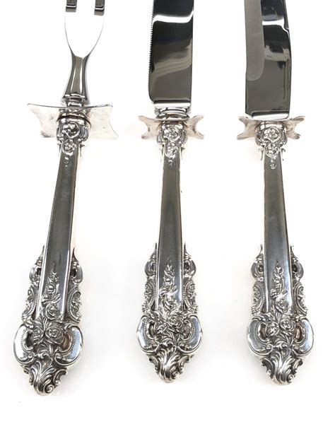 Golden grande baroque (sterling, gold accent) by wallace silver. Lot - 3pc Wallace Grande Baroque Sterling Silver Carving Set