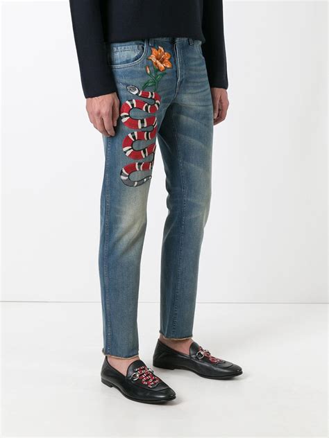 Gucci Denim Snake Embroidered Slim Fit Jeans In Blue For Men Lyst