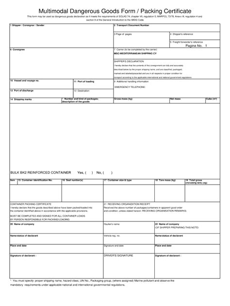 Msc Multimodal Dangerous Goods Form Packing Certificate Fill And Sign