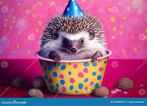 Hedgehog With Party Hat In Bowl In Front Of Pink Patterned Wallpaper
