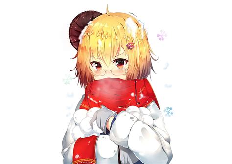 Hd Wallpaper Blonde Anime Girl Meganekko Red Scarf Snow Short