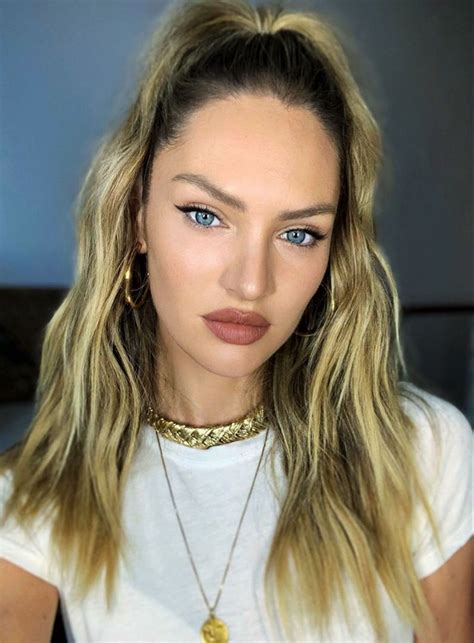 Candice Swanepoel High Ponytail With Messy Waves Brown Lipstick Candice