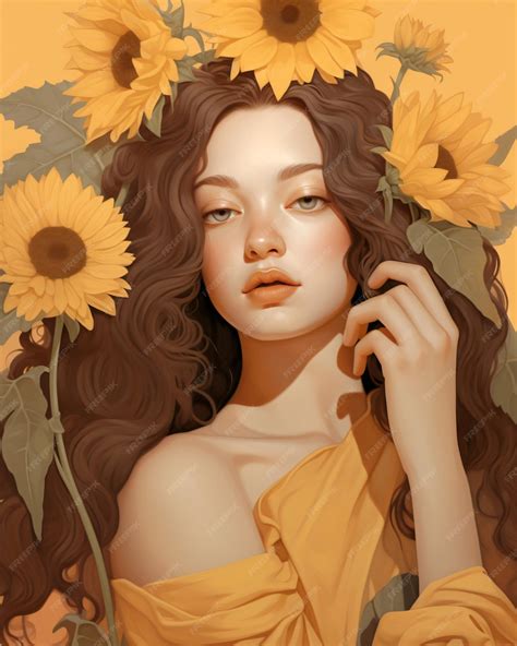 Premium Photo Girl With Sunflowers Digital Painting Drawing Portrait