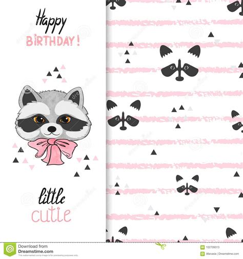 Birthday Greeting Card Design For Kids With Cute Little Raccoon Stock
