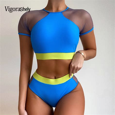 Vigorshely High Waist Swimwear Women Sexy Mesh Hollow Bikini 2021 Push Up Swimsuit Female