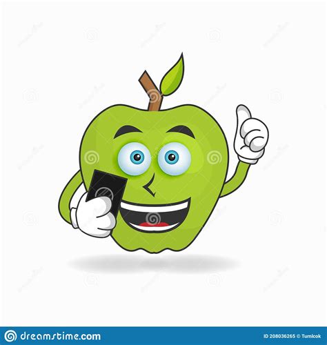 Apple Mascot Character Holding A Cellphone Vector Illustration Stock