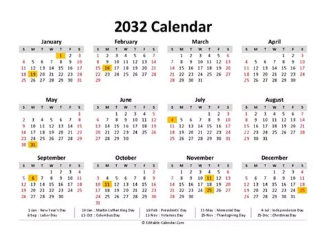 Download 2032 Calendar Printable With Us Holidays Weeks Start On Sunday