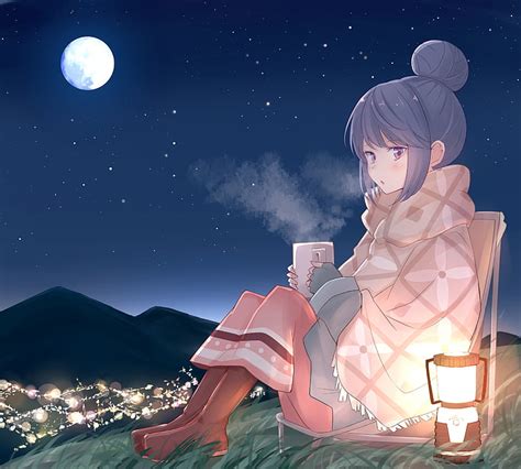 Hd Wallpaper Yuru Camp Shima Rin Moon Lantern Stars Anime Night