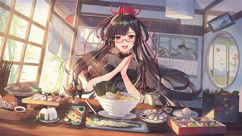 Meganekko Anime Girl Cooking Ramen Long Hair Food Onigiri Anime