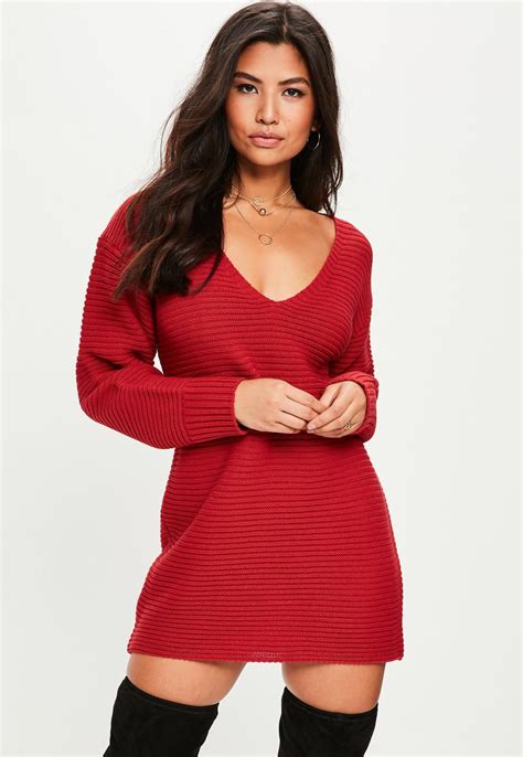 Missguided Red V Front Knitted Jumper Dress Cozy Dress Outfit High