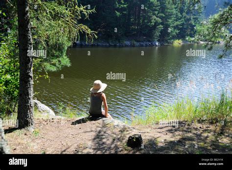 Girl Sitting Beside Ottenstein Reservoir Waldviertel Forest Quarter