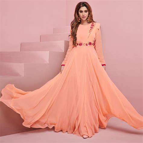 Buy Impressive Peach Colored Partywear Embroidered Georgette Gown For