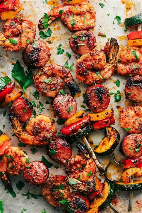 Use flat skewers if making shrimp skewers. Cajun Shrimp and Sausage Veggie Skewers - Healthy Chicken ...