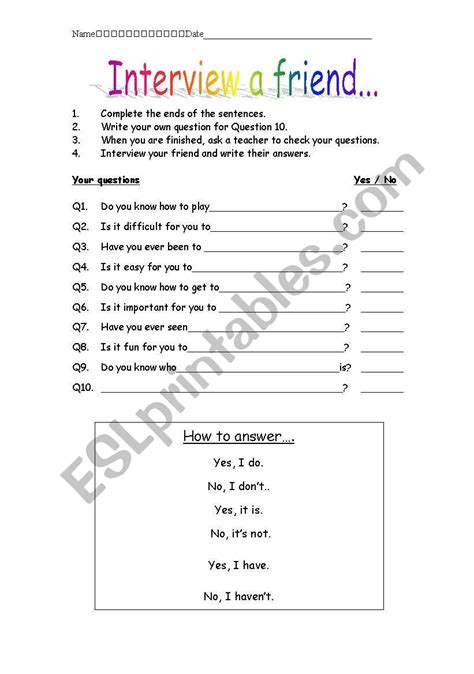 English Worksheets Interview A Friend