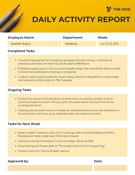 Employee Daily Activity Report Template Progress Report Template
