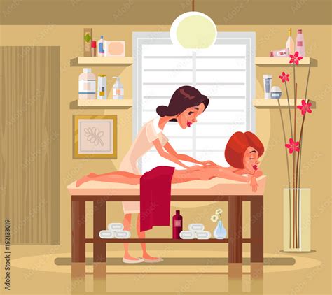 Massage Therapist Professional Woman Character Doing Exotic Massage To Happy Smiling Woman