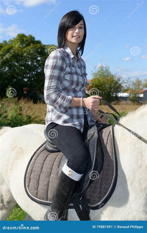 Young Beautiful Brunette Woman Riding Horse Stock Image Image Of