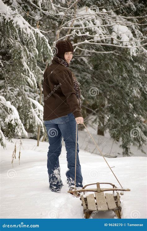 Beautiful Woman Pulling Sled Through Snow Stock Photo Image Of Cold